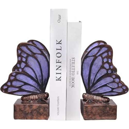 Vintage Purple Butterfly Bookends,Resin Book Ends for Shelves,Heavy Duty Decorative Bookends,Creative Book Stopper Holder Decor for Desk Home Office,Shelf Decoration,Gifts for Mother's Day
