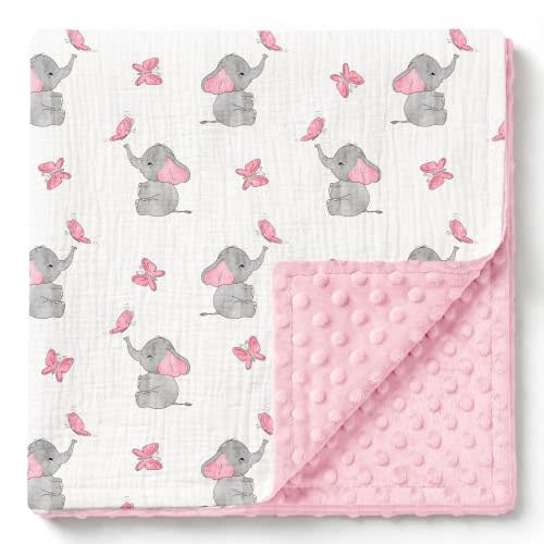 GLLQUEN BABY Muslin Baby Blankets for Girls, 2-Layer Toddler Blanket | Cotton Top with Dotted Fleece Back, Soft Receiving Blanket for Nursery Stroller Crib, 30''x40'', Pink Elephant