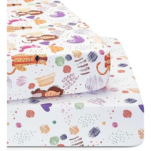 TILLYOU Baby Crib Sheets for Boys Girls, Super Soft Toddler Bed Sheets, 2 Pack Sheets for Standard Crib Mattress 28x52in, Animal Graffiti