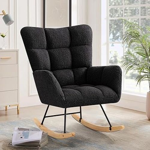 Furniliving Nursery Rocking Chair Upholstered Glider Rocking Chair Modern Accent Chair Padded Seat Reading Chair with High Backrest Comfy Chair for Living Room, Bedroom, Nursery, Black, Teddy