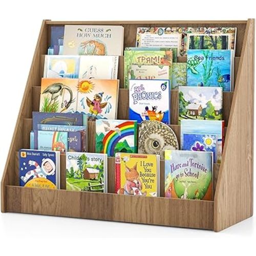 Costzon 5-Tier Kids Bookshelf, Wooden Children Bookcase, Toddler Book Rack, Magazine Storage & Display Shelf, Book Shelf for Kids Room, Living Room, Nursery, Classroom (Natural)