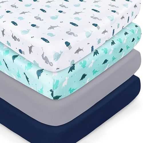 Crib Sheets for Boys or Girls 4 Pack, Baby Crib Sheets 52'' x 28'' | Baby Crib Sheet Neutral for Standard Crib & Toddler Mattress, Soft and Breathable Material, Grey Dinosaurs & Ocean