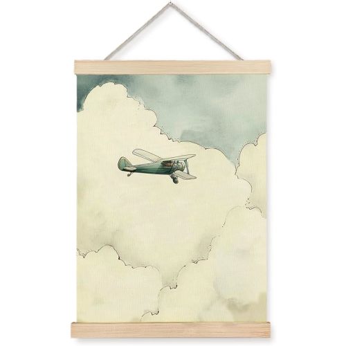 Nipil Vintage Airplane Nursery Poster Hanger Frame, Watercolor Cloudy Sky Scenery Airplane Aviation Hanging Canvas Framed Wall Art Decor for Kids Boys Room Nursery Playroom, 12x16 Inch