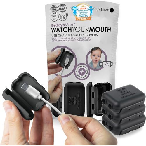 Geddy's Mom: Watch Your Mouth: Black - 3 Pack - USB Charger Child Safety Covers, Electrical Cord Babyproofing Product, Non-Conductive, Patented.