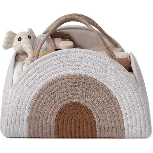 Blissful Diary Baby Diaper Caddy Organizer, Cotton Rope Diaper Caddy Basket, Large Baby Shower Caddy for Newborn Boys and Girls, Gift for Baby Shower List, Newborn Essentials Basket, Earthy Rainbow