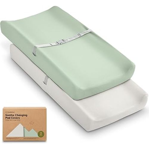 2-Pack Organic Changing Pad Covers for Girl, Boy, Neutral - 100% Cotton Changing Table Pad Cover, Soft Baby Nursery Diaper Changing Pad Sheets, Contour Changing Pads Liners, Change Pad Cover (Sage)