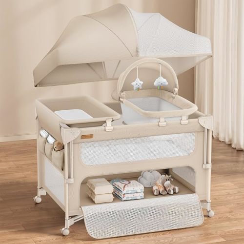 ANGELBLISS Baby Bassinet Bedside Crib, 5-in-1 One-Push Instant Fold Pack and Play with Changing Table, Napper Bassinet, Mattress & Mosquito Net, Portable Playard for Newborns to Toddlers (Khaki)