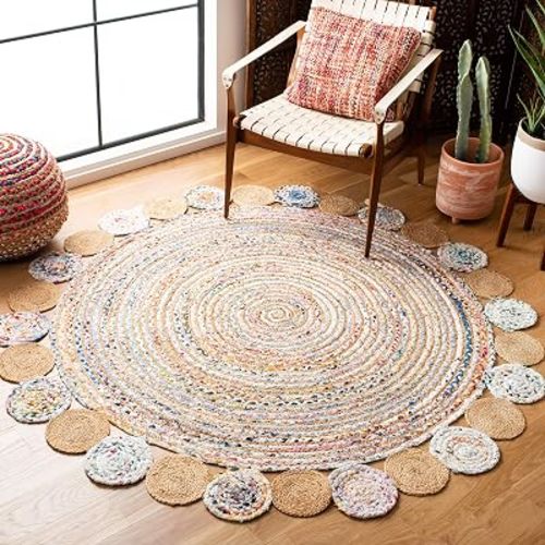 SAFAVIEH Cape Cod Collection Area Rug - 5' x 7' Oval, Beige & Multi, Handmade Boho Braided Jute & Cotton, Ideal for High Traffic Areas in Living Room, Bedroom (CAP201B)