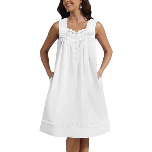 Pearl Snap Button 100% Cotton Nightgown for Women Sleeveless Short Nightgown with Pockets for Summer Sleeping