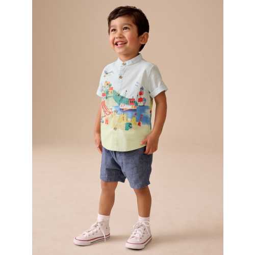 Blue Seaside Scene Short Sleeve Grandad Collar Printed Shirt (3mths-7yrs)