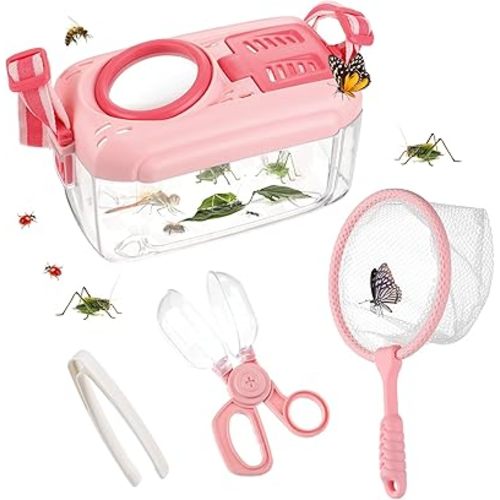 Biubee Bug Catcher for Kids - Sturdy Kid Bug Catching Kit Gifts with Butterfly Net Collector Insect Catcher Tweezer, Pink Kids Bug Habitat Outdoor Explorer Kit for Girls Age 3 4 5 6 7 8, 8Pcs, Pink