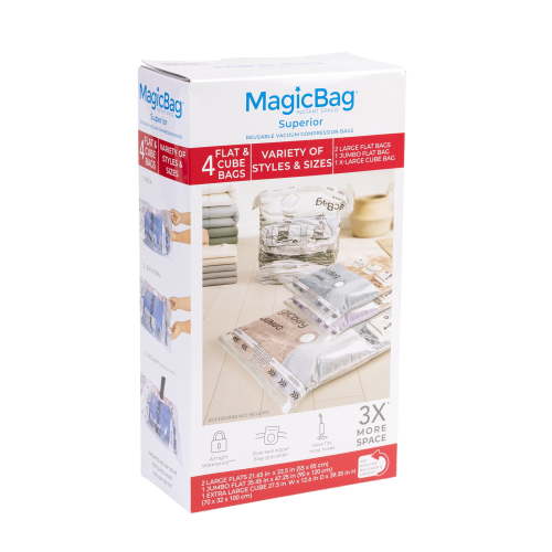 MagicBag Variety Pack Vacuum Storage Bags, 4 Pack Flat & Cube Compression Bags for Clothing & Bedding, Space Saving & Airtight