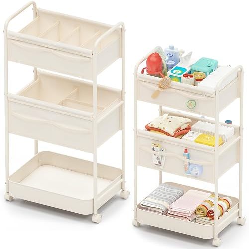 Baby Diaper Caddy, Premium Metal& Felt Movable Cart with Dividers for Newborn Nursery Essentials, Large Capacity Rolling Diaper Storage Caddy Organizer for Changing Table &Crib, Easy Assembly