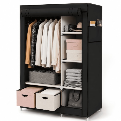 Baokaler Portable Closet Organizer with 6 Shelves & 1 Hanging Rod, Non-Woven Fabric Wardrobe Clothes Storage with 4 Side Pockets for Bedroom, Living Room, Cloakroom, Dorm, Apartment, Black
