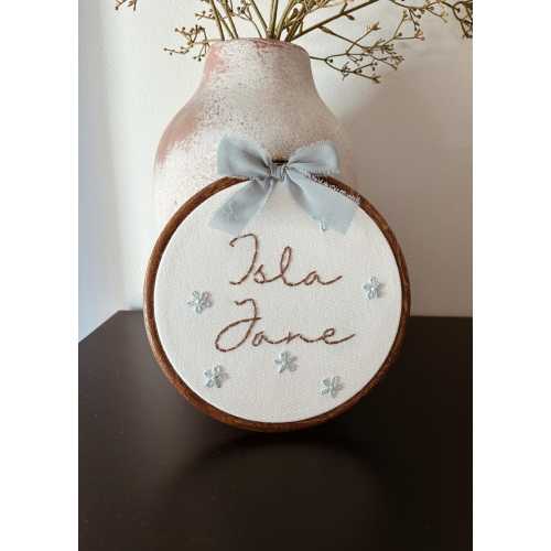 Hand Embroidered Baby Name Announcement Hoop with Daisies | Nursery Decor
