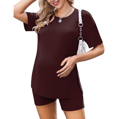 Ekouaer Women Maternity Sets 2 Piece Outfits Summer T Shirts and Biker Shorts Set Pregnancy Loungewear