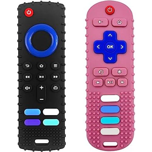 2-Pack Silicone Baby Teething Toys, Fire TV Remote Teethers for 6-12-18 Months Infant, Fire Remote Shape Toddlers Silicone Teethers for Boys and Girls Sensory Toy