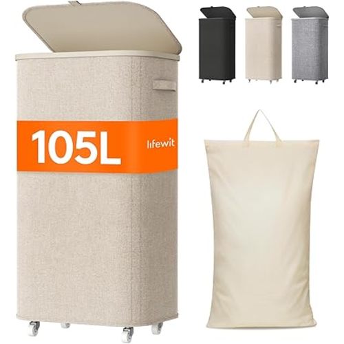 Lifewit 105L Plastic Laundry Basket with Lid, Large Clothes Hamper with Wheels and Removable Bag, Tall Collapsible Rolling Storage Bin for Dorm Bedroom Bathroom, Beige