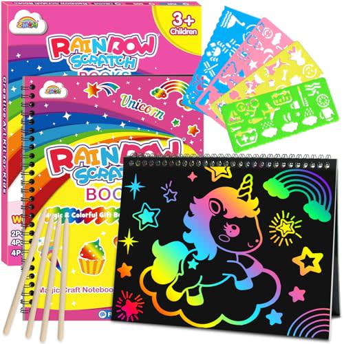 ZMLM Scratch Paper Art-Crafts Gift: 2 Pack Rainbow Notebooks Supplies Toys for 3 4 5 6 7 8 9 10 Years Old Girls and Boys Kids Easter Gifts Christmas Birthday Party Games Unicorns