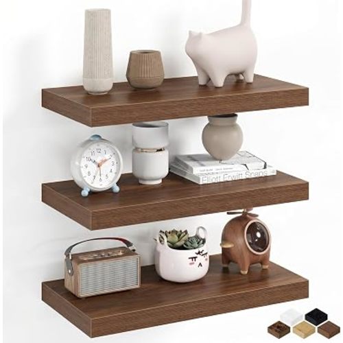 Fun Memories 10 Inch Deep Floating Shelves, 20 Inch Long Wall Storage Shelf with Invisible Brackets, 24 x 10 Hanging Wood Shelf for Farmhouse, Bedroom, Kitchen, Living Room, Walnut - Set of 3