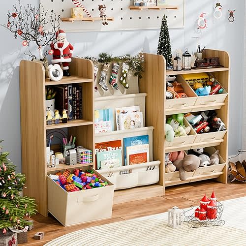 Kids Toy Book Storage Organizer - Large Bookshelf with 7 Removable Bins, Baby Bookshelf and Toy Storage, 4-Tier Book Shelf for Kids Room, Playroom, Classroom, 51 inch, Burlywood