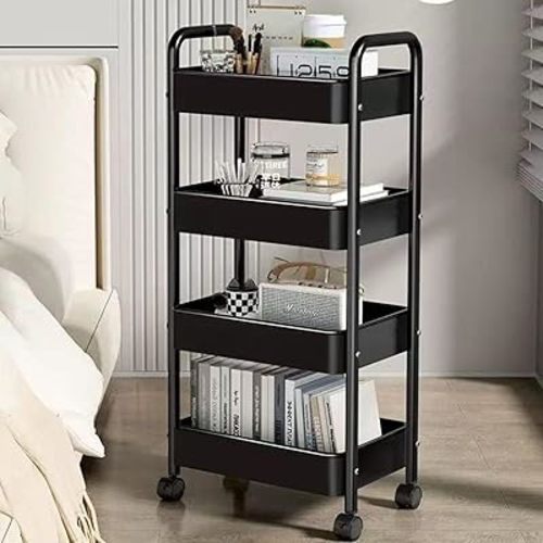 4-Tier Rolling Storage Cart, Multifunctional Utility Cart with Lockable Wheels, Detachable Rolling Storage Cart, Metal Organizer Trolley for Kitchen, Bathroom, Office, and Garage, Black