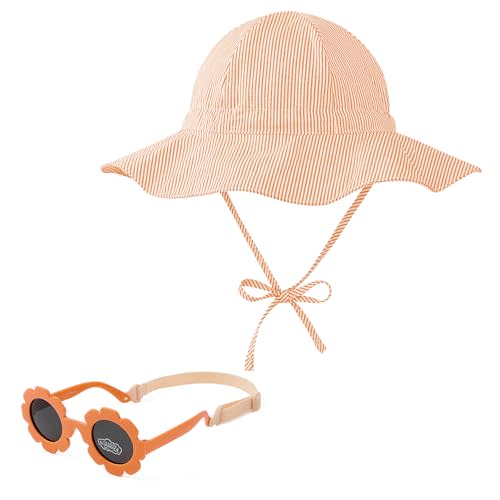 Zando UPF 50+ Wide Brim Baby Sun Hat with Sunglasses Infant Bucket Hat | Adjustable Straps, Flexible Sunglasses, Sun Protection ,100% Cotton Soft Durable for Beach, Pool, Summer Outings 0-12 Months