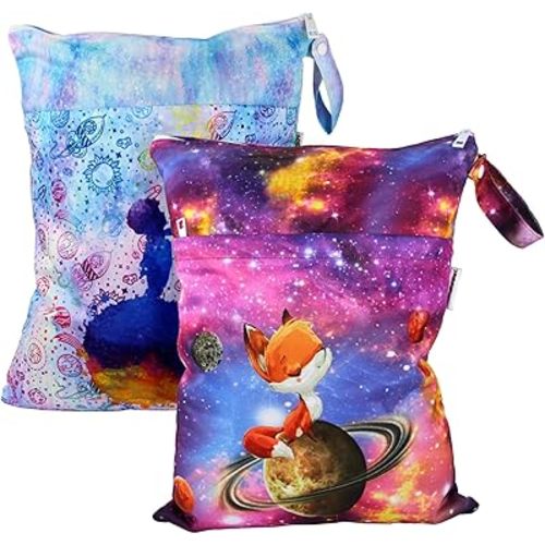 Mama Koala Wet Dry Bags, Portable Washable Reusable Baby Cloth Diapers Bags, 2pcs Medium Size for Travel Beach Laundry Pool Gym Yoga (WB-Space Travel)
