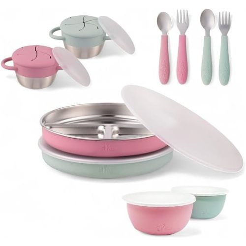 Elk and Friends Stainless Steel Mealtime Bundle with Sleeves | 10pc Set | Kids/Toddler Dinner Set | Silicone Sleeves | 7.8" Plates, Bowls, Snack Cups, Toddler Utensils | Travel Lids | Dishwasher Safe