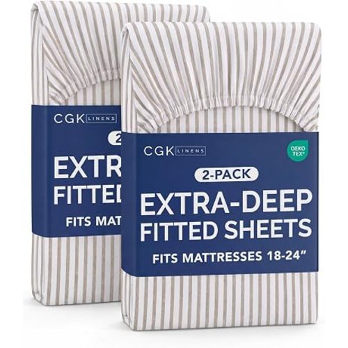 CGK Linens 2 Pack Extra Deep Queen Fitted Sheets - Beige Stripes
