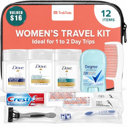12-Piece Womens Travel Toiletry Kit – Premium Brand-Name Travel Toiletries | TSA Approved Travel Essentials with Shampoo, Conditioner, Body Wash, Deodorant & Oral Care in Clear Bag