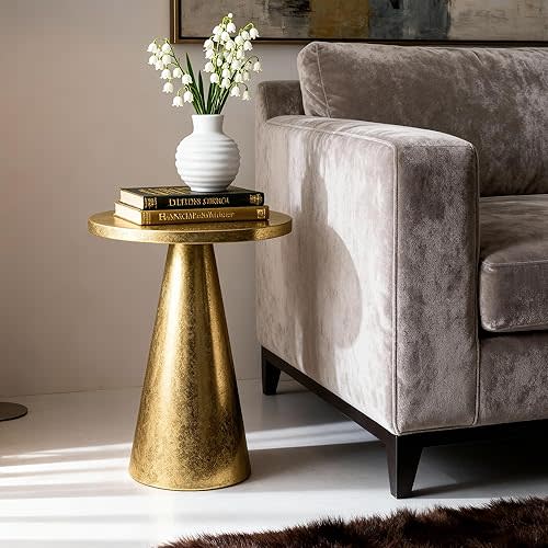 Gold Round Pedestal End Table, Modern Side Table for Couch & Sofa, Small Metal Drink Stand Accent Tables for Living Room, Bedroom & Small Spaces, 16"x16"x23"H inch