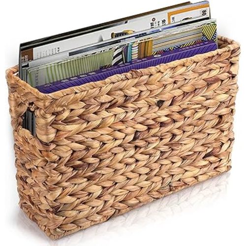 Yesland Hand-Woven Narrow Water Hyacinth Holder Wicker Basket, 15.5 x 5.5 x 9.75 Inch Decorative Magazine Storage Basket Bin for Home, Office, Desk