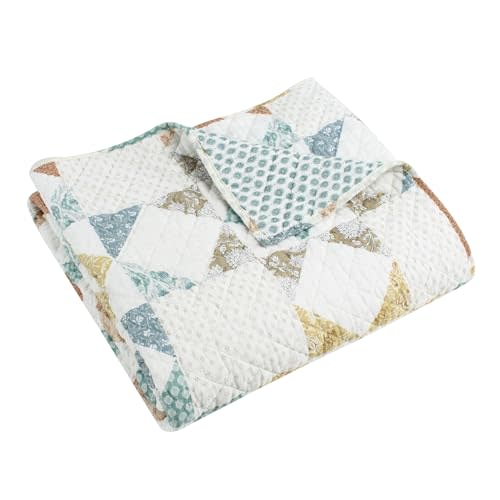 Levtex Home - Lottie - Throw - Patchwork - Sienna Teal Green Ochre Taupe and Cream - Throw Size 50x60in. -Cotton