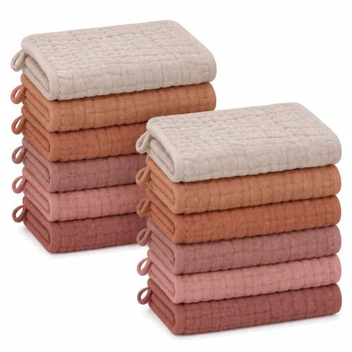 SWEET DOLPHIN 12 Pack Baby Muslin Washcloths - Face Cloths for Newborn, Absorbent Bath Wash Cloths, Wipes, Burp Rag - Toddlers Essentials Stuff, Baby Registry as Shower -10"x10", Muted Terracotta