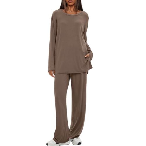 Darong Women's 2 Piece Lounge Set Casual Long Sleeve Crew Neck Tops Wide Leg Pants Travel Airport Outfit Matching Sets