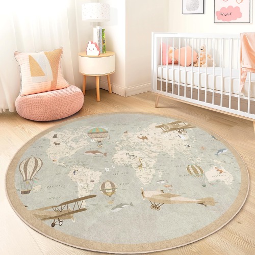 Vintage World Map Round Rug, Hot Air Balloon Kids Rug, Travel Theme Nursery Decor, Playroom Carpet, Educational Area Rug
