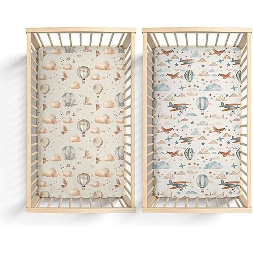 2 Pack Hot Air Balloon Plane Clouds Stars Pattern Baby Sheets for Crib, Unisex Hot Air Balloon Nursery Fitted Bed Sheet for Boys Girls Standard Crib and Toddler Mattress-28x52