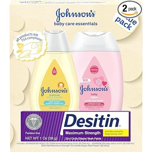Johnson's Baby Care Essentials Gift Set, Body Lotion, & Zinc Oxide Diaper Rash Paste for Baby's Delicate Skin, Value Pack, Travel-Size, Bath Essentials Must Haves, Baby Gifts, 3 Items