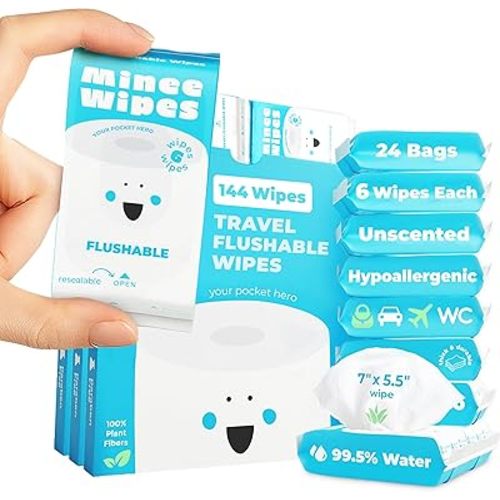 Impossibly Compact Travel Flushable Wipes - 99.5% Water and Aloe - Safe for Sensitive Skin & Hypoallergenic - Travel Essentials for Adults, Kids & Babycare, Unscented, 24 Pack 144 Wipes