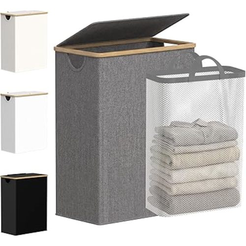 efluky Slim Laundry Basket with Lid, Narrow Laundry Hamper with Removable Bag, Skinny Dirty Clothes Basket with Bamboo Handles for Bathroom, Bedroom & Laundry Room, 65L Grey