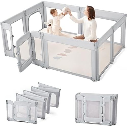 Sweeby Foldable Baby Playpen, 71x59 Playpens for Babies and Toddlers Large Play Yard with Door Baby Fence with Gate and Indoor & Outdoor Play Pen,LightGrey