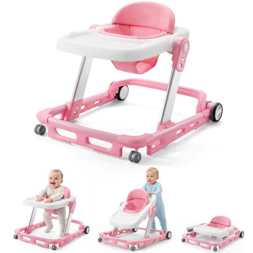 HARPPA Foldable Baby Walker, Anti-Rollover, 6-24 Months, Adjustable Height and Seat, Pink