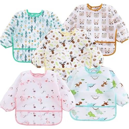 PandaEar 5 Pack Baby Bibs with Long Sleeves| Baby Feeding Bibs Smock for Eating| Full Bib for Infant Toddler 6-24 Months