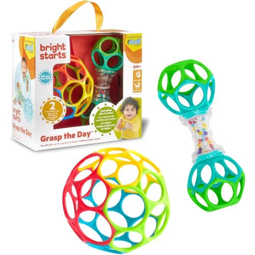 Bright Starts Easy-Grasp Oball Bundle Gift Set - Grasp The Day, Ball and Rattle Toys 2-Pack, BPA Free, Unisex, Newborn+