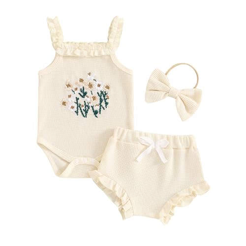 Kavousa Newborn Baby Girl Summer Clothes Floral Embroidery Hater Romper Bloomers Shorts Set Headband Cute Baby Girl Outfit