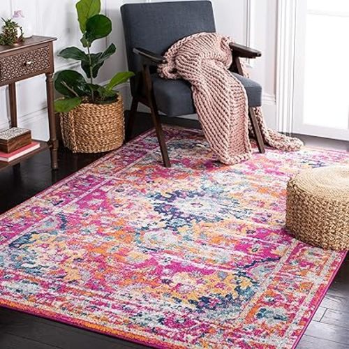 SAFAVIEH Madison Collection Area Rug - 5'3" x 7'6", Fuchsia & Gold, Boho Chic Medallion Design, Non-Shedding & Easy Care, Ideal for High Traffic Areas in Living Room, Bedroom (MAD154R)