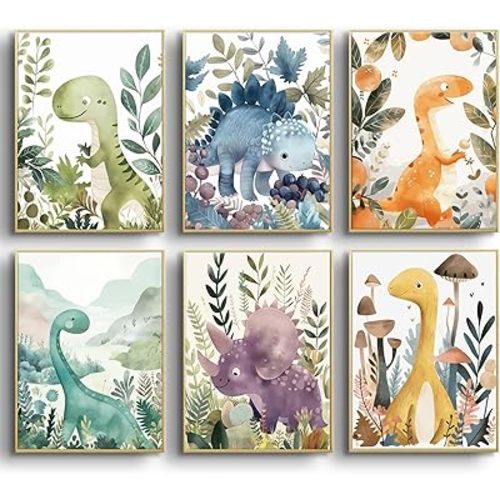 6pcs Dinosaur Wall Art Kids Boys Room Canvas Wall Decor Cute Dino Nursery Wall Art Pictures Baby Dinosaur Poster Funny animal Prints for Boys Girls Bedroom Bathroom 8x10 In Unframed