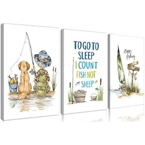 Nursery Wall Art Decor Baby Boy Room Canvas Prints Fishing Hunting Nursery Wall Decor，Rustic Fish Pictures Painting for Bedroom 12x16 Inch Framed 3pcs