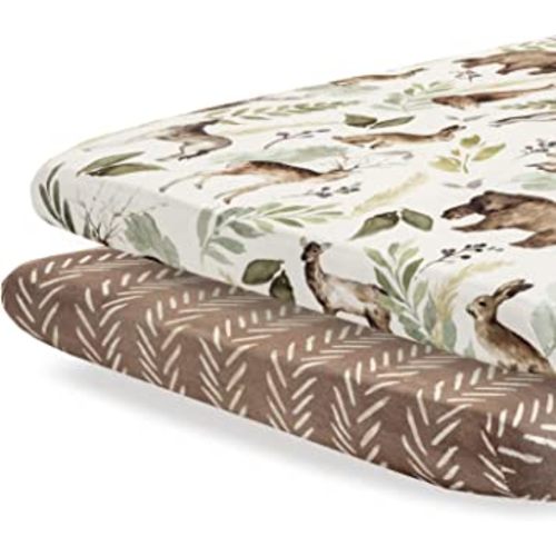 Pobibaby - 2 Pack Premium Pack N Play Sheets Fitted for Standard Pack and Plays and Mini Cribs - Ultra-Soft Cotton Blend, Stylish Woodland Pattern, Safe and Snug for Baby (Wildlife)